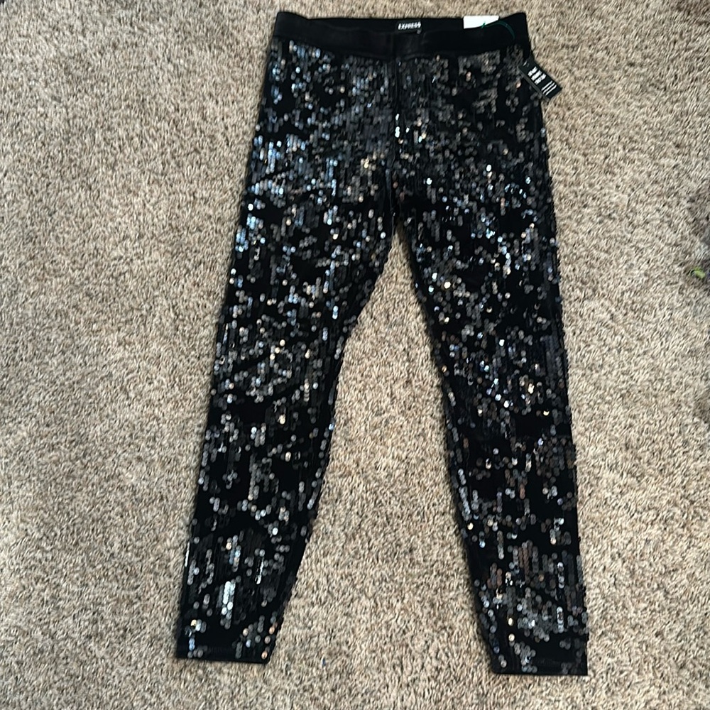 Express Stretch High Rise Sequin Leggings Black Womens Medium New